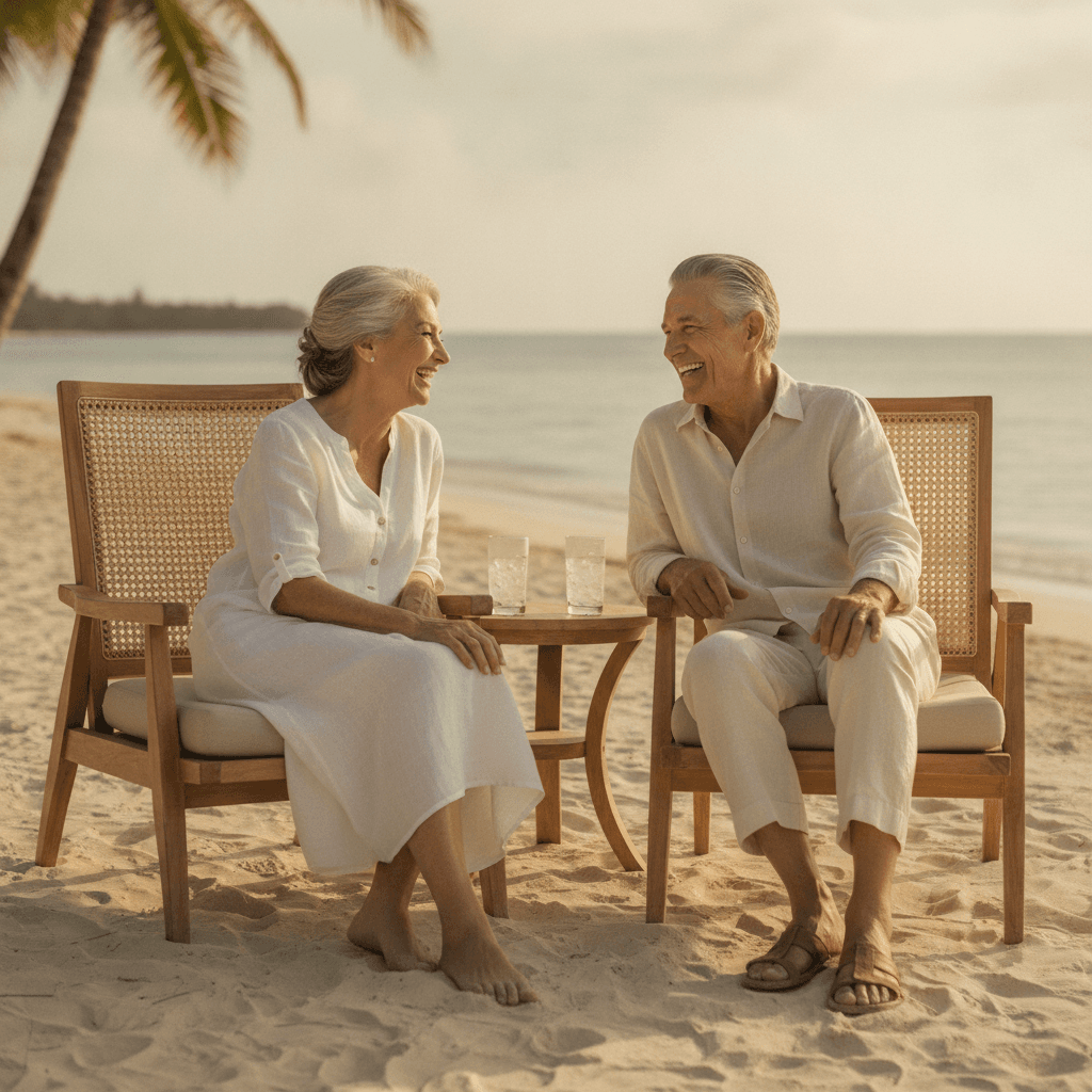 Um casal aposentado, tranquilo e feliz, na praia