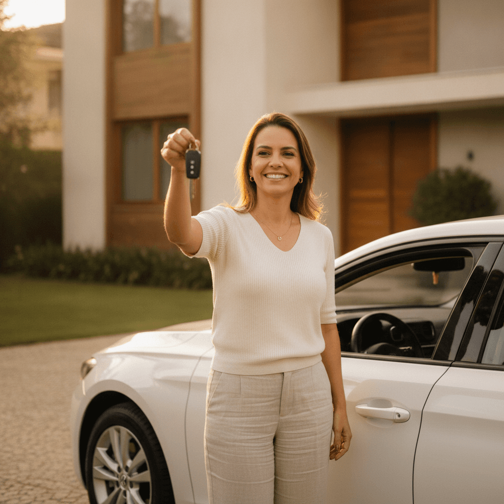 Mulher com a chave do carro novo, sorrindo
