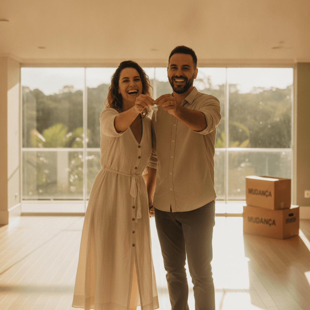 Casal feliz na casa nova, com a chave na mão
